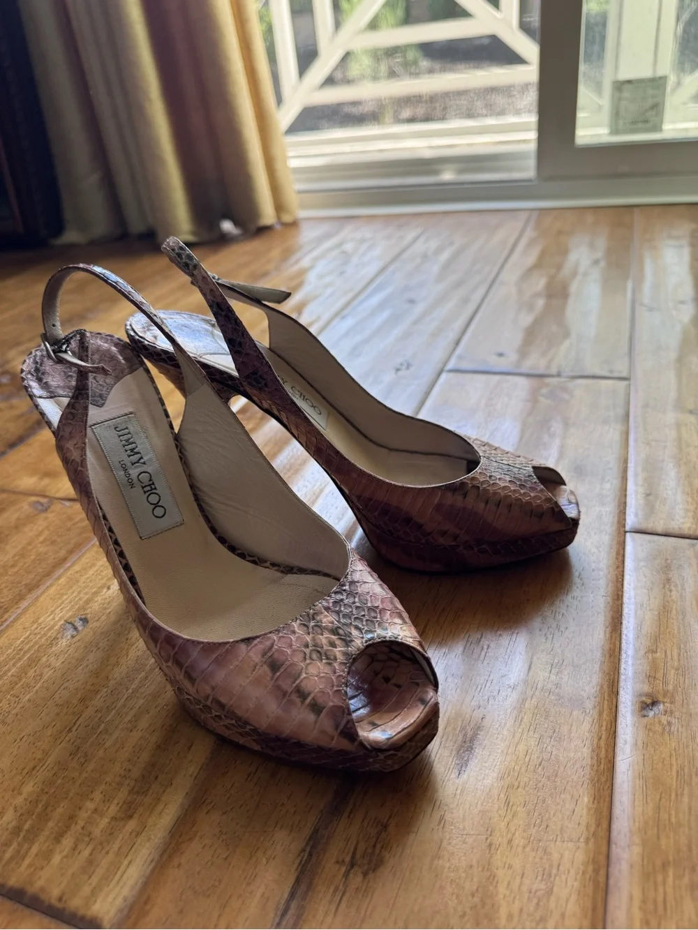 Jimmy Choo Brown Snakeskin Peep-Toe Slingback Heels - Picture 4 of 4